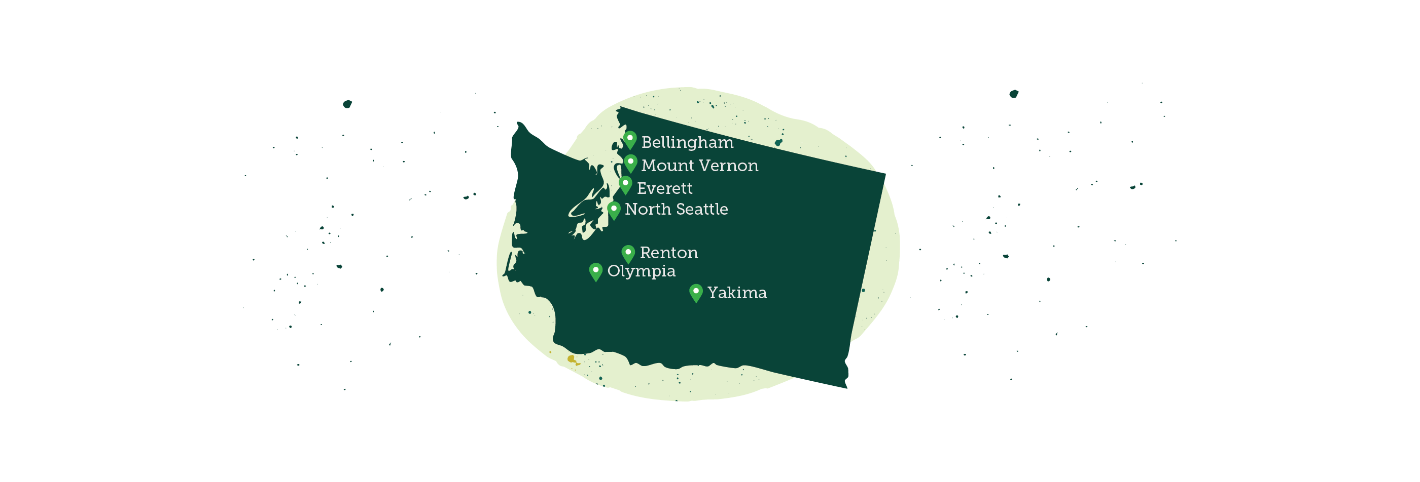 Stylized map of Washington showing Evergreen locations
