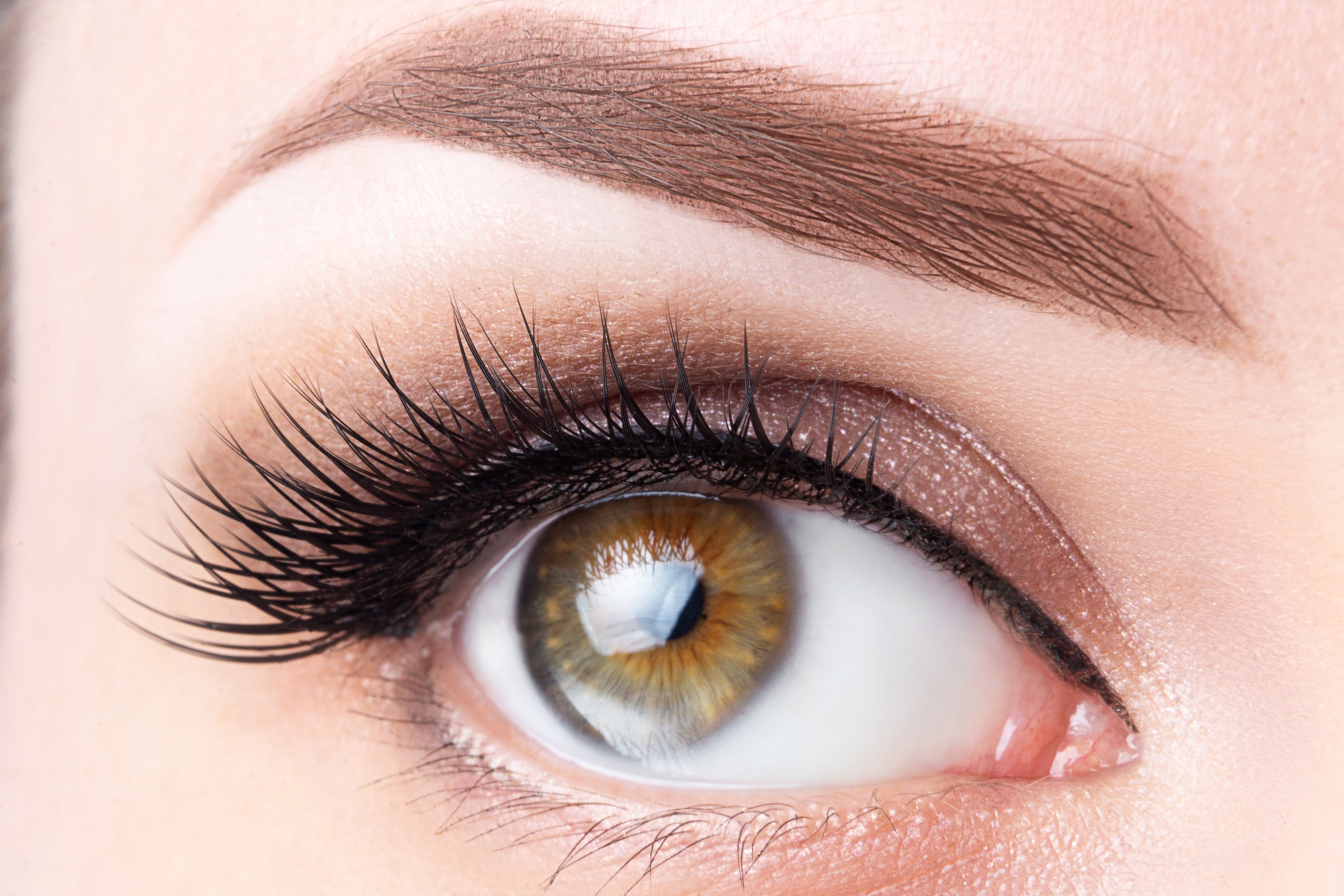 closeup of green eye with sculpted eyebrows and long dark lashes