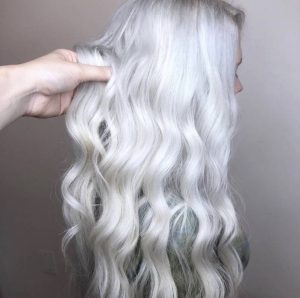 long silver curled hair