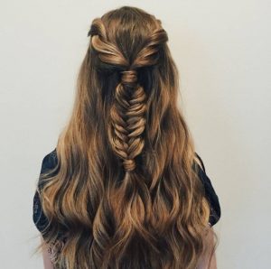 fishtail braid with hair pulled half up