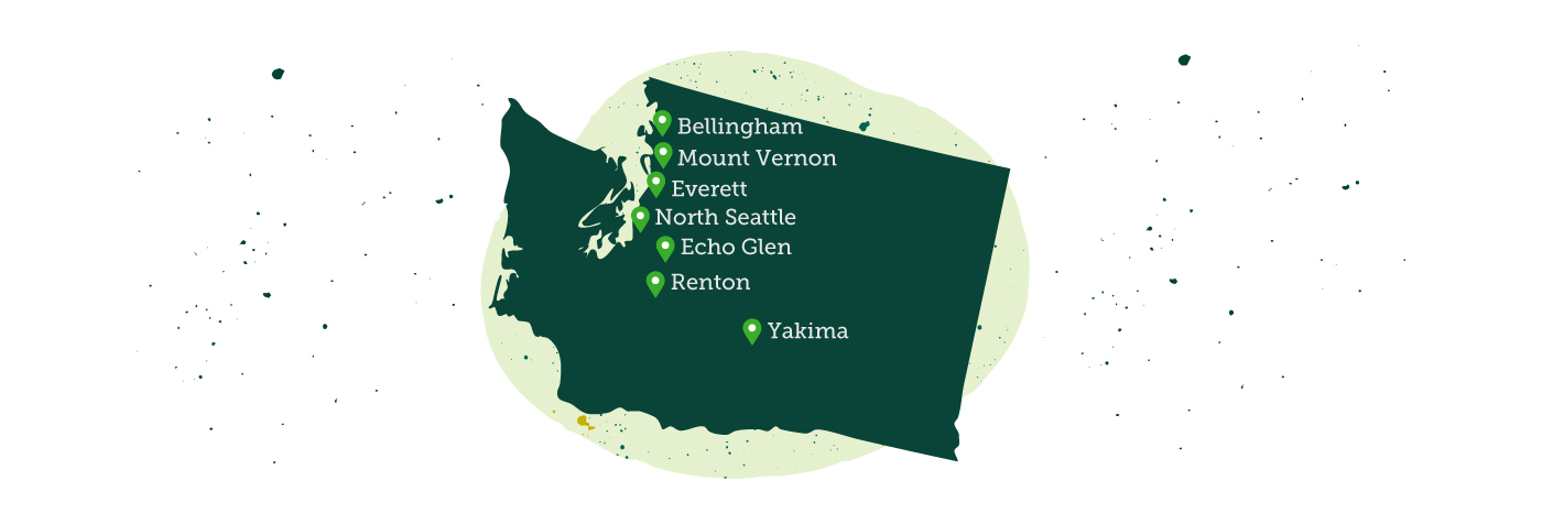 Stylized map of Washington showing Evergreen locations
