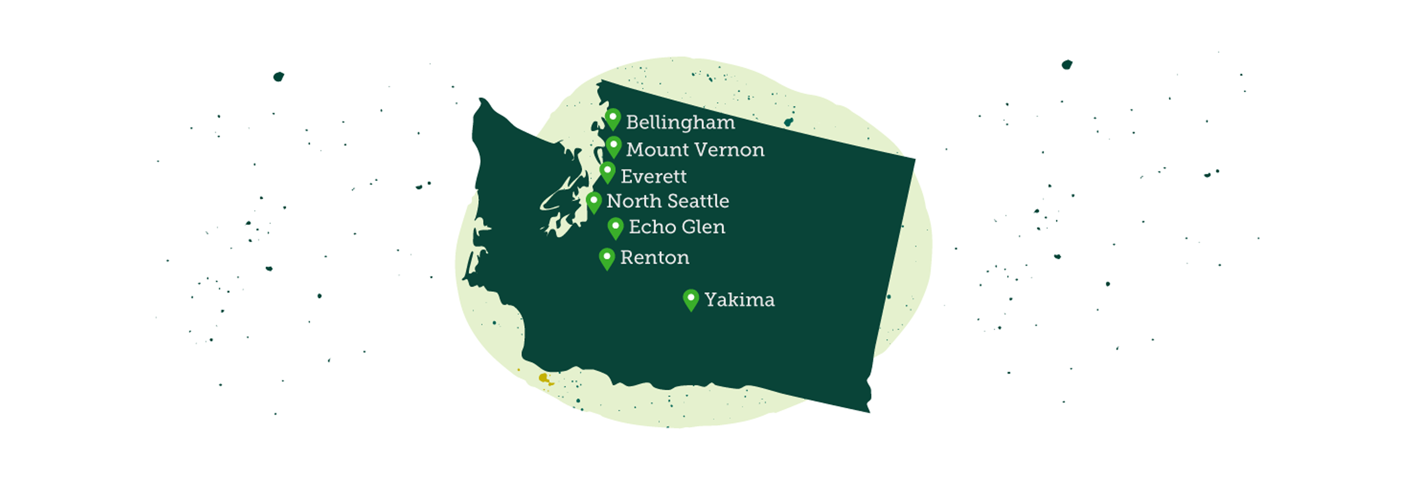 Stylized map of Washington showing Evergreen locations