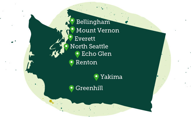 Stylized map of Washington showing Evergreen locations