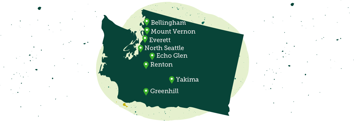 Stylized map of Washington showing Evergreen locations