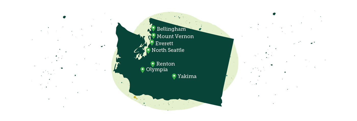 Stylized map of Washington showing Evergreen locations