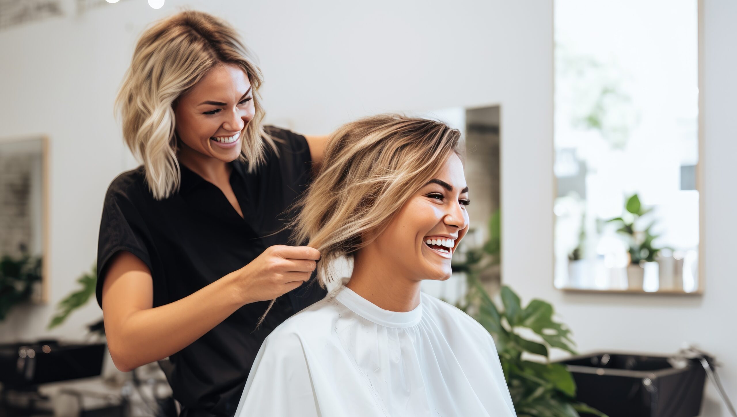 hairstylist and client laughing in salon